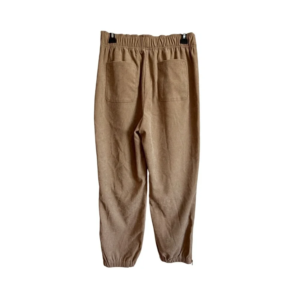 Zara Tan Faux Suede Joggers High Waist Ankle Zip Elastic Waist Pants Brown